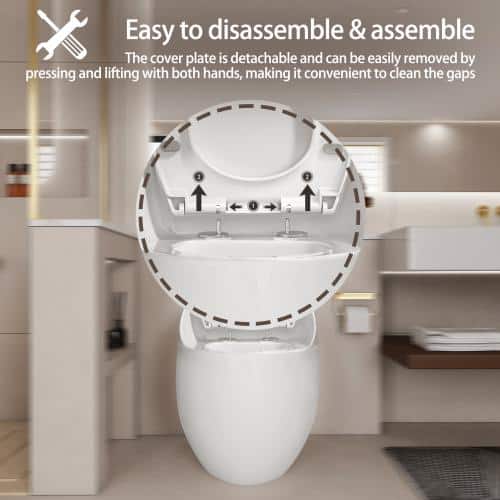 Anqtovp 1-Piece 1.28 GPF Single Flush Elongated Toilet with Comfort Height and Soft-Close Seat in Glossy White Seat Included (2)