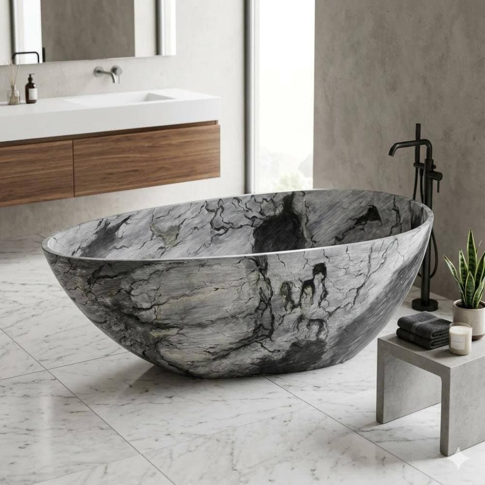 POCCI&VANCCI 59 in. Solid Surface Freestanding Egg-Shaped Soaking Bathtub in Marble White with Center Drain (2)