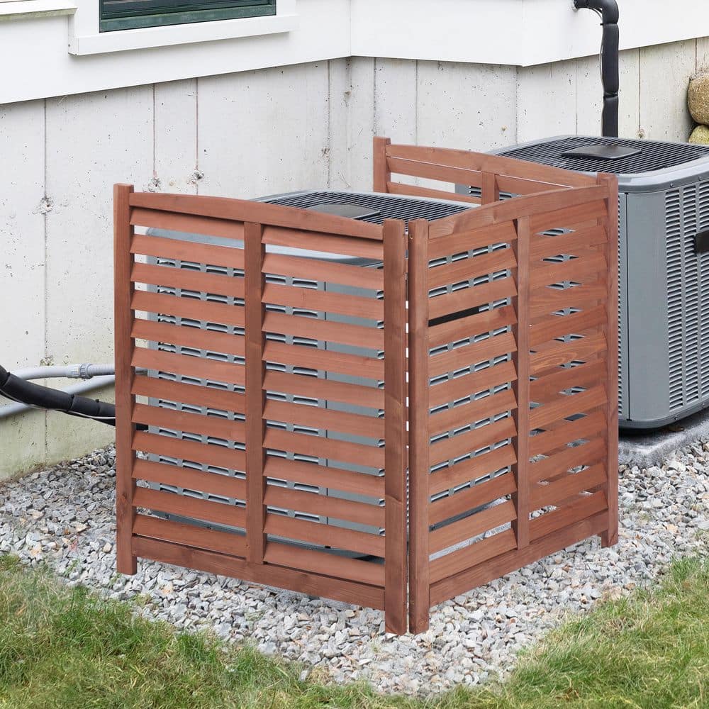 Unbranded 32 in. W x 38 in. H 3-Panel Brown Wood Slat Screen Panel, Privacy Fence for Air Conditioner, Trash Can (3)