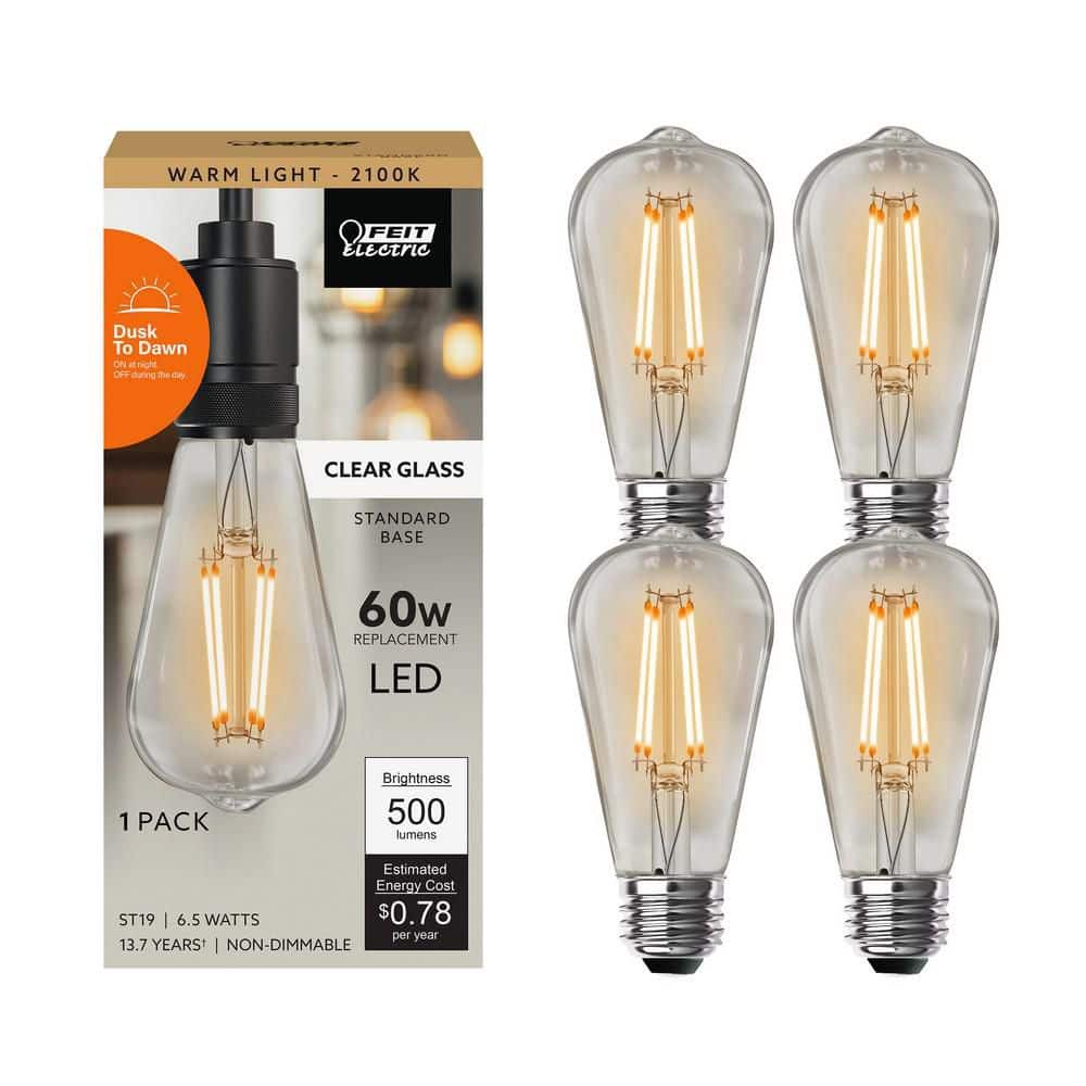Feit Electric 60-Watt Equivalent ST19 Straight Filament Dusk to Dawn Clear Glass E26 Vintage Edison LED Light Bulb Warm White (4-Pack)