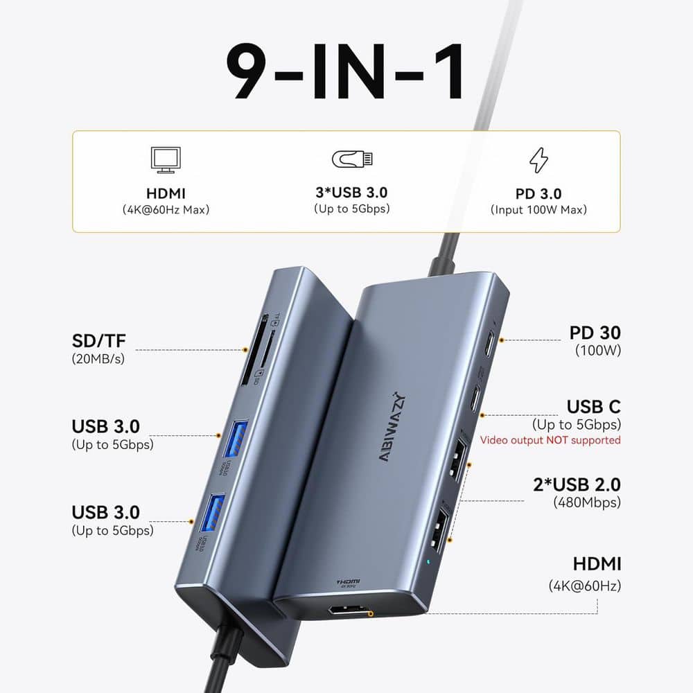 Adrinfly 7-in-1 USB C Hub with 4K HDMI, USB 3.0, SD/TF Card Reader, and 100-Watt PD for Laptops and Devices (2)