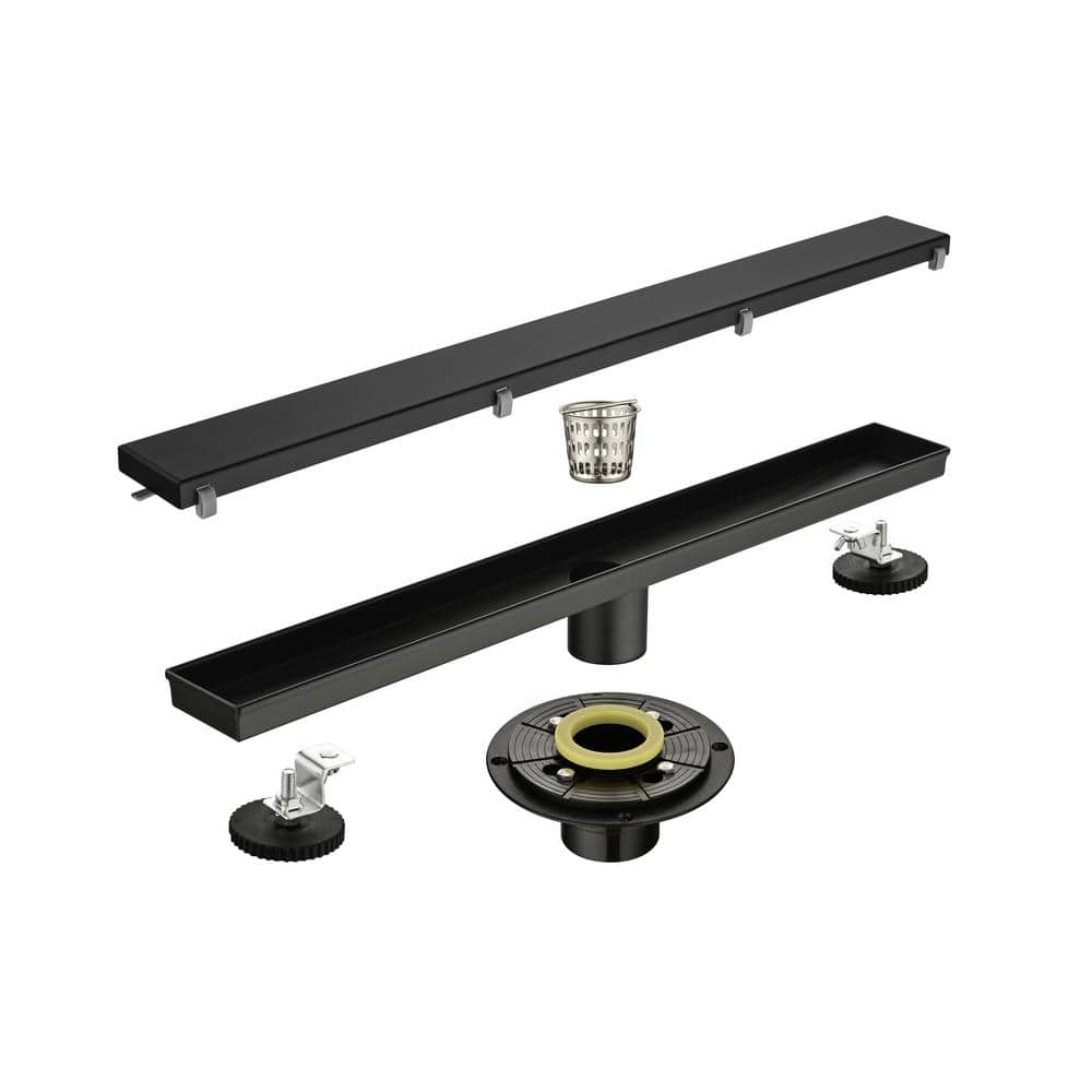 cadeninc 12 in. Stainless Steel Linear Shower Drain with Square Pattern Drain Cover in Matte Black (1)