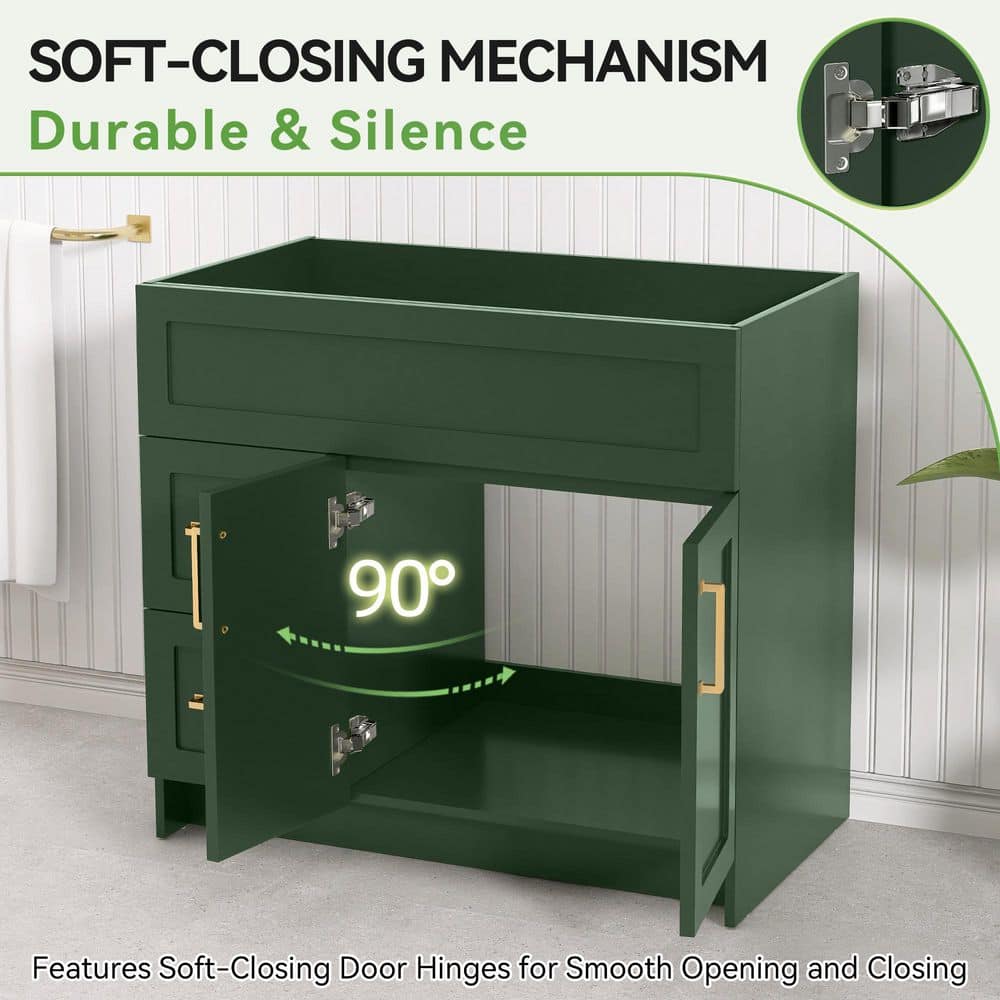 Getpro 36 in. Shaker Bath Vanity Cabinet without Top in Dark Green with Soft-Close Doors and Drawers, Brushed Gold Hardware,RTA (3)