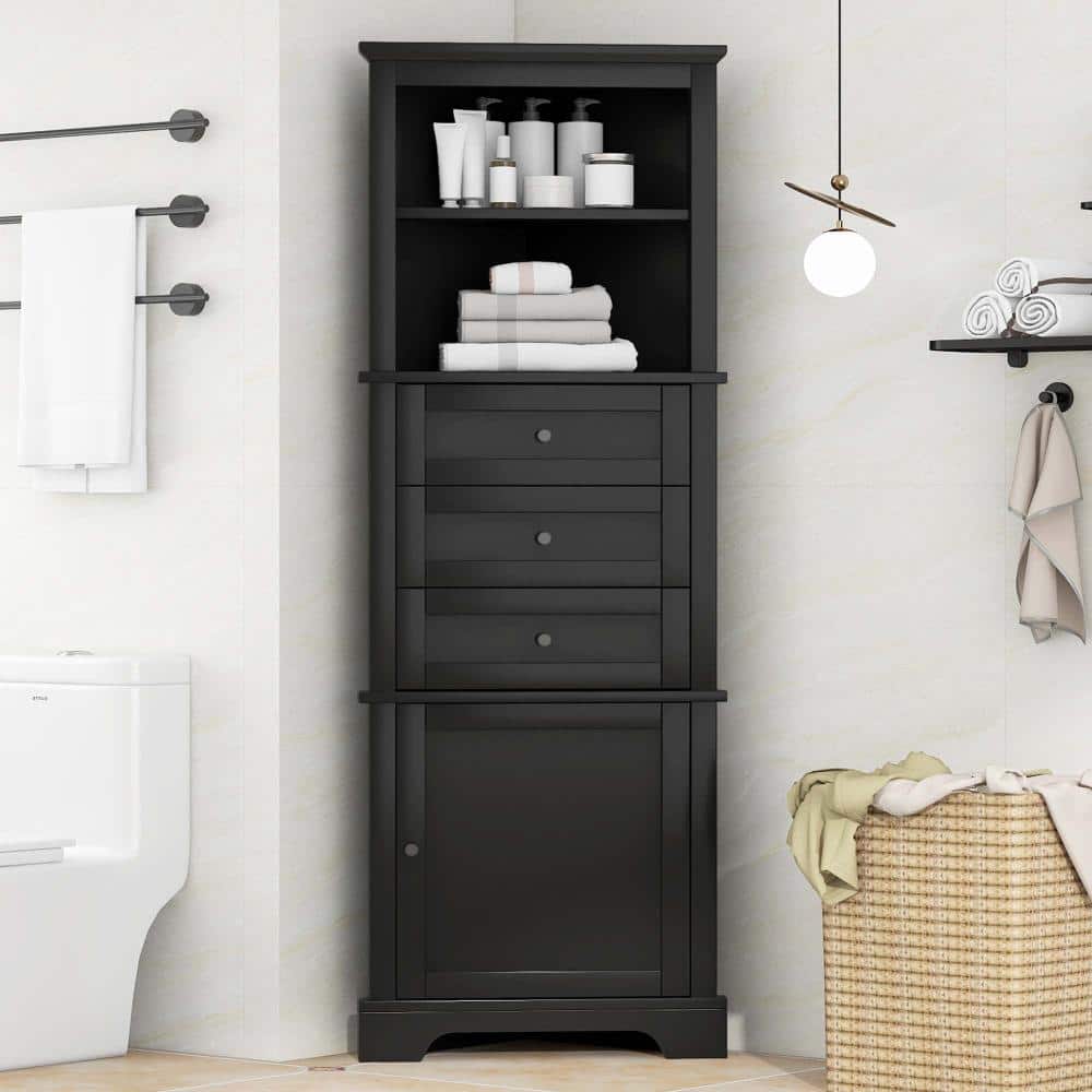XUJMK 23 in. W x 13 in. D x 69 in. H Black Tall Linen Cabinet, Bathroom Storage Cabinet with 3 Drawers, Adjustable Shelves (3)