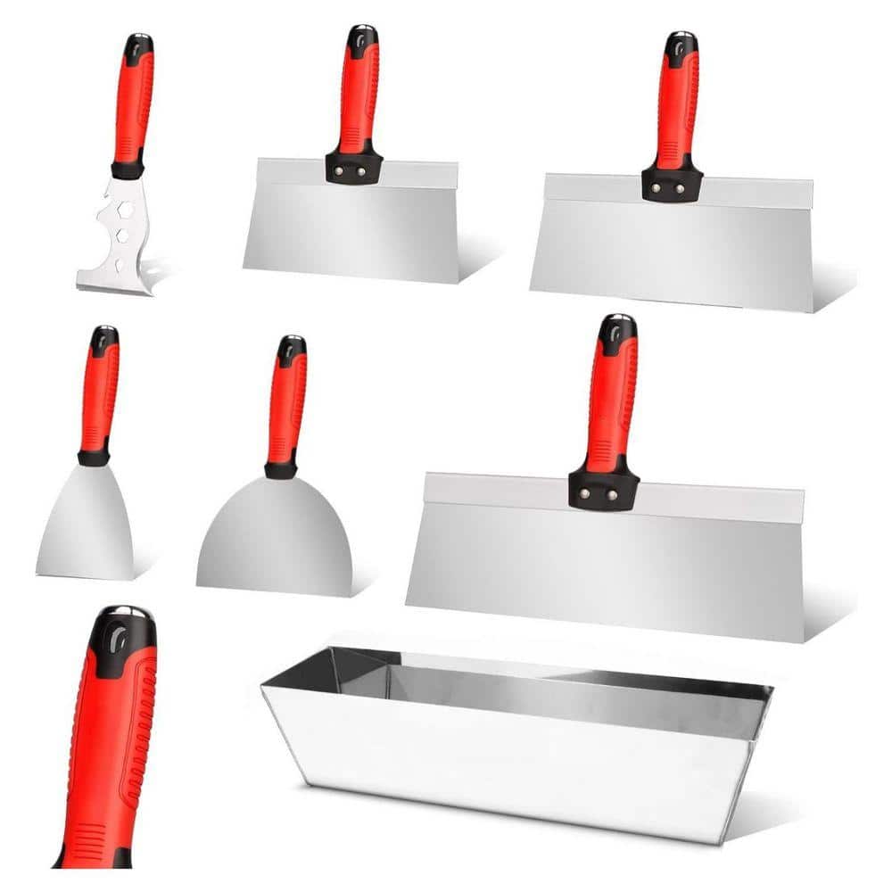 KIWDZFU 12 in. 7-Piece Stainless Steel Drywall Tool Kit Multi-Size Joint Taping Knives Putty Knife Mud Pan & Comfortable Handle (1)