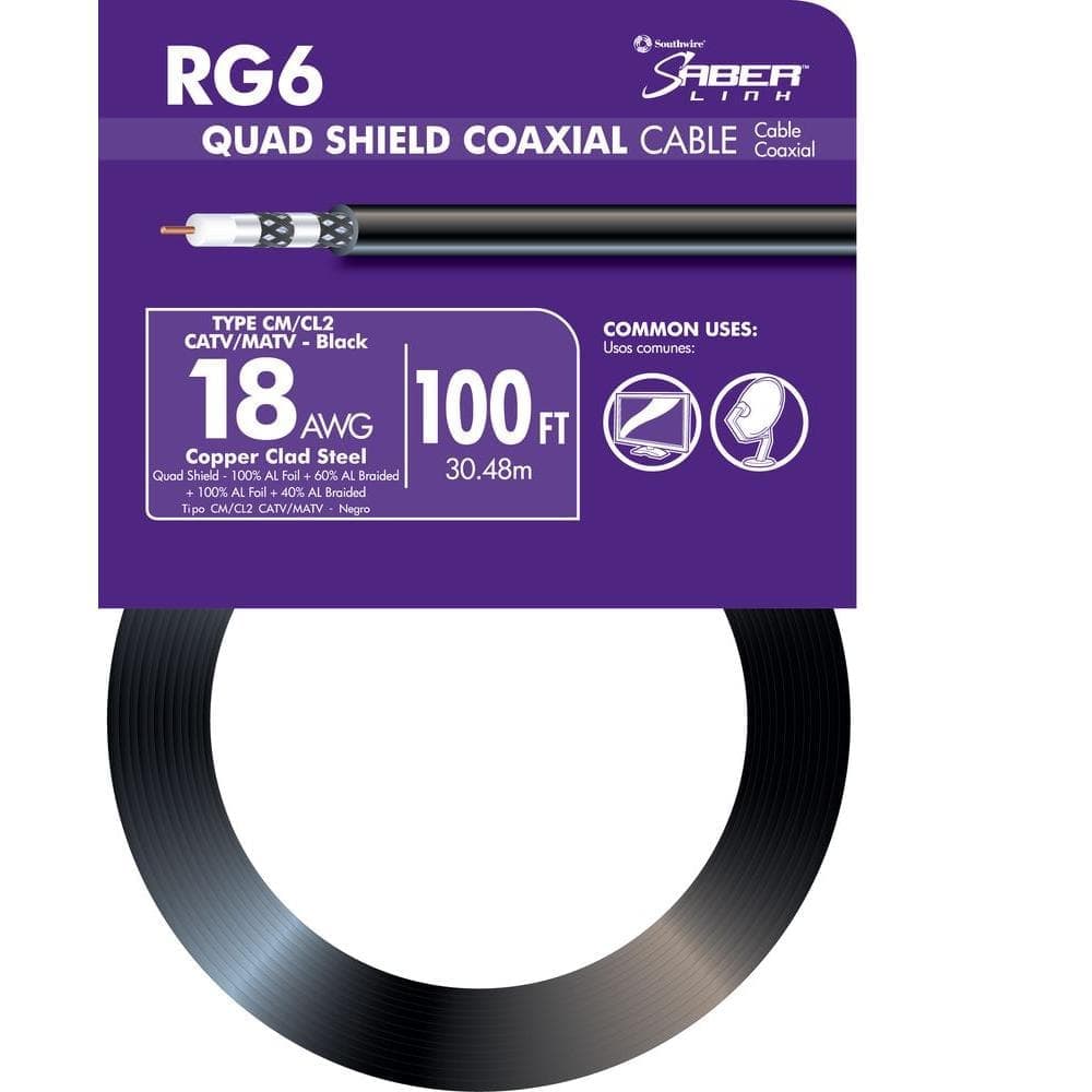 Southwire 100 ft. 18 RG6 Quad Shield CU CATV CM/CL2 Coaxial Cable in Black
