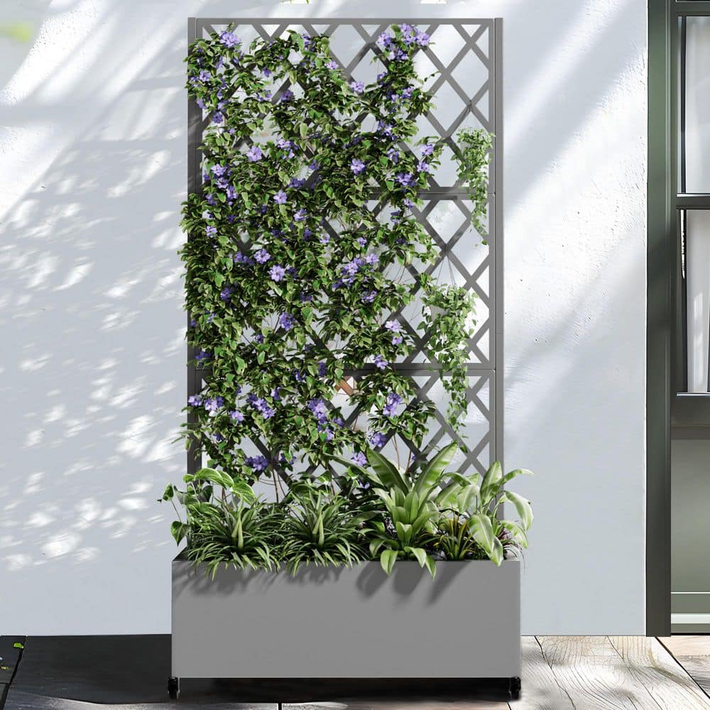 Dovelina 35 in. x 71 in. Grey Metal Iron Planter Box with Attached Trellis for Climbing Vegetation (1)