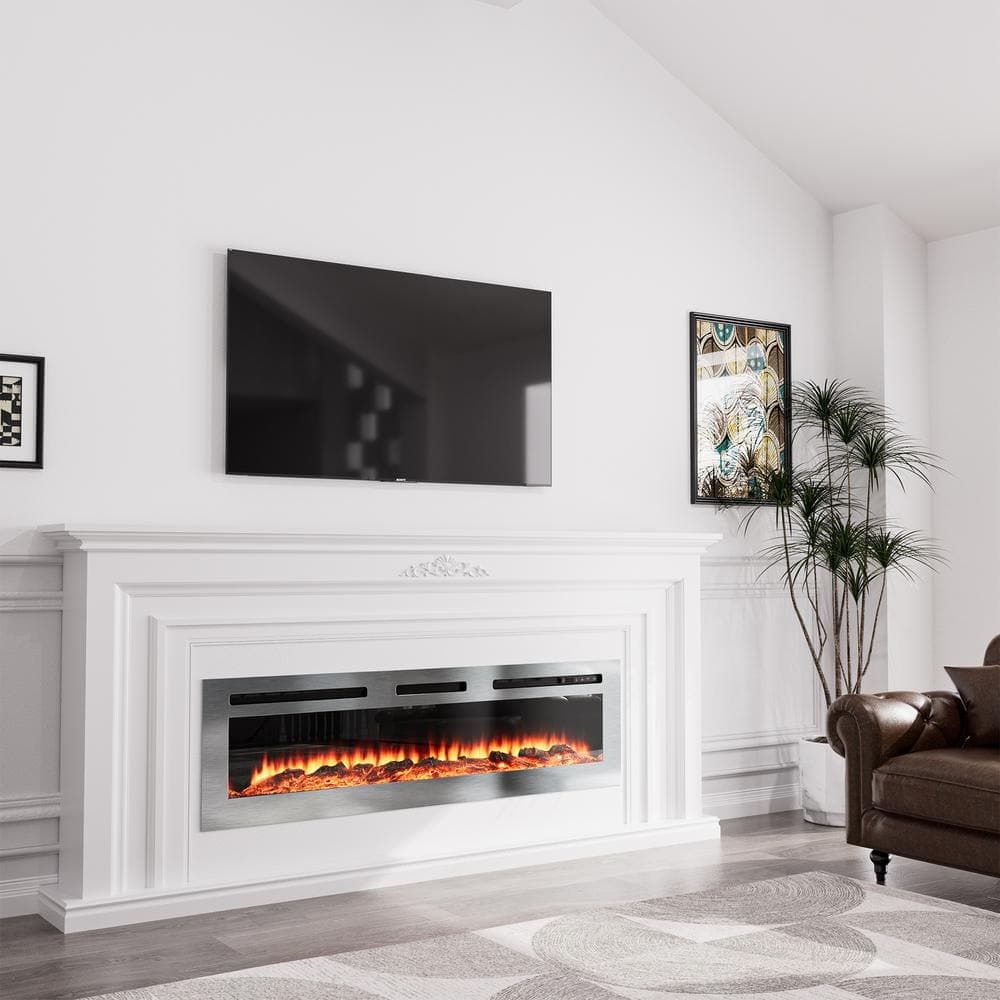 Clihome 60 in. Stainless Steel Electric Fireplace Insert Wall Mounted or Recessed with 12 Flame Colors and Remote (2)