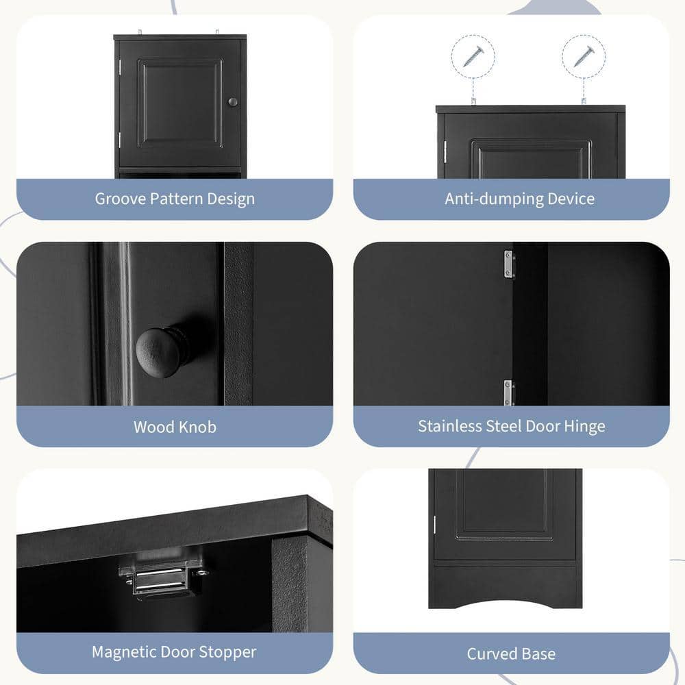 Sarlai 14 x 9 x 67 in. Black Corner Cabinet Tall Bathroom Storage Cabinet with 2-Doors and Adjustable Shelves (3)
