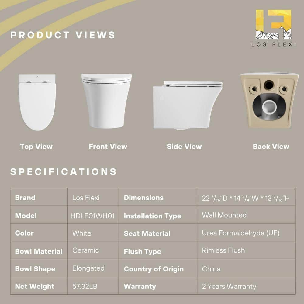 Los Flexi Elongated Modern Wall-Hung Toilet Bowl with Soft-Close Seat, Rimless Flushing Easy Cleaning, White Glossy Ceramic (3)