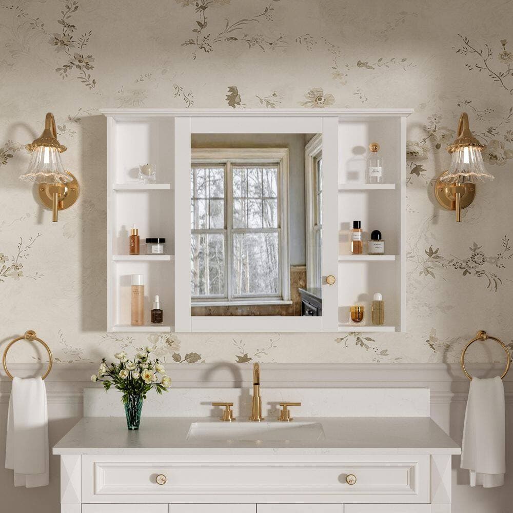 FORCLOVER Fully Assembled 42 in. W 30 in. H Solid Wood Medicine Cabinet with Mirror and Open Storage (3)