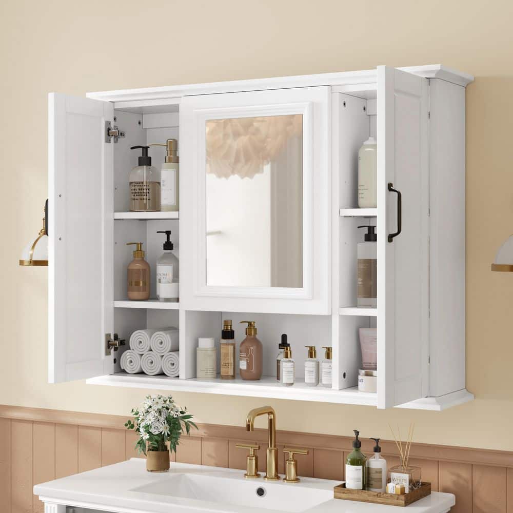 Tahanbath 8.00 in. Wx 36.00 in. D x 28.50 in. H Bathroom Storage Wall Cabinet with Mirror, Mirror Cabinet with 3-Doors in White (2)