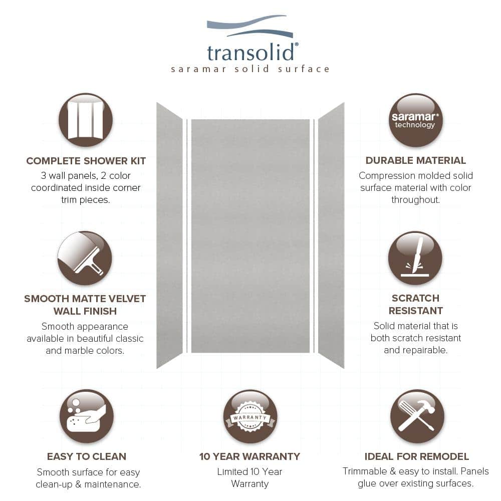 Transolid Saramar 48 in. W x 96 in. H x 36 in. D 3-Piece Glue to Wall Alcove Shower Wall Kit in Grey Beach Velvet (3)