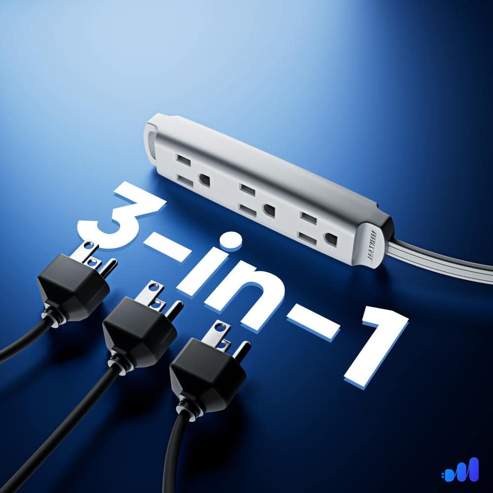 MAXIMM 6 ft. 16/3 Light Duty Indoor Extension Cord 360° Rotating Flat Plug 1-Sided with Loop, White (3)