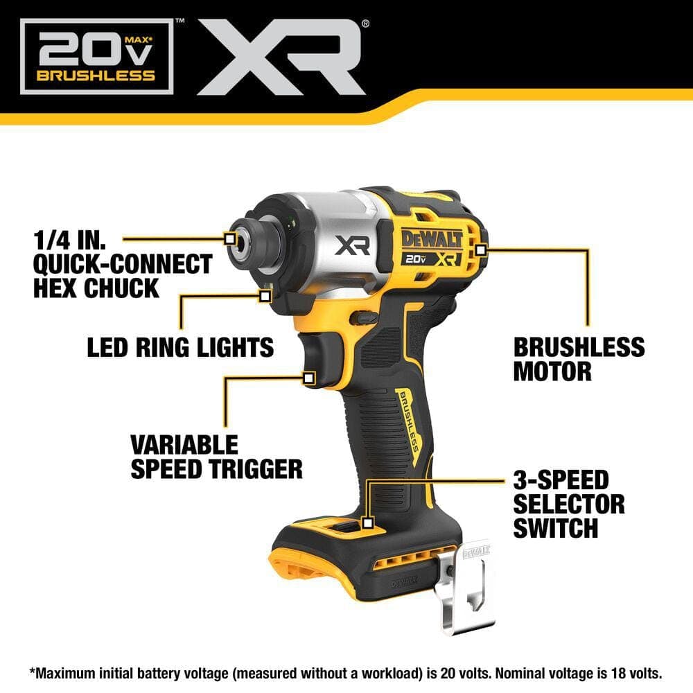 DEWALT 20V MAX XR Lithium-Ion Cordless Brushless 1/4 in. 3-Speed Impact Driver Kit with 2Ah and 1.7Ah Batteries, Charger & Bag (3)