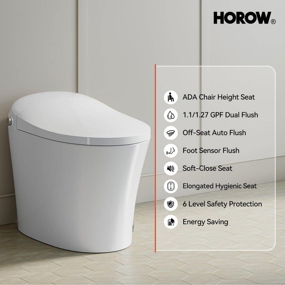 HOROW 1-piece 1/1.27 GPF Dual Flush Elongated Toilet in White, Seat Included (3)