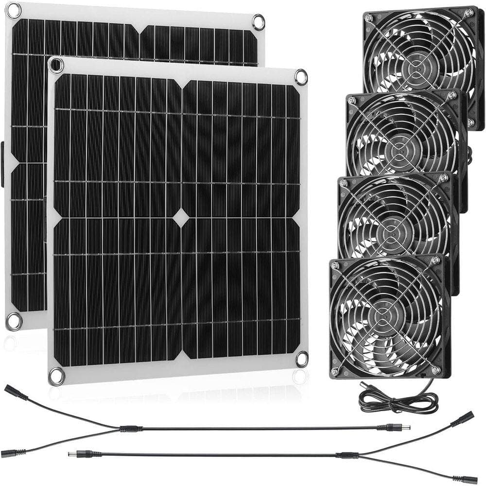 KIWDZFU 20W 16V Solar Panel Exhaust Fan Kit USB Portable Solar Powered Fan for Greenhouses, Chicken Coops, Camping (2 Sets) (1)