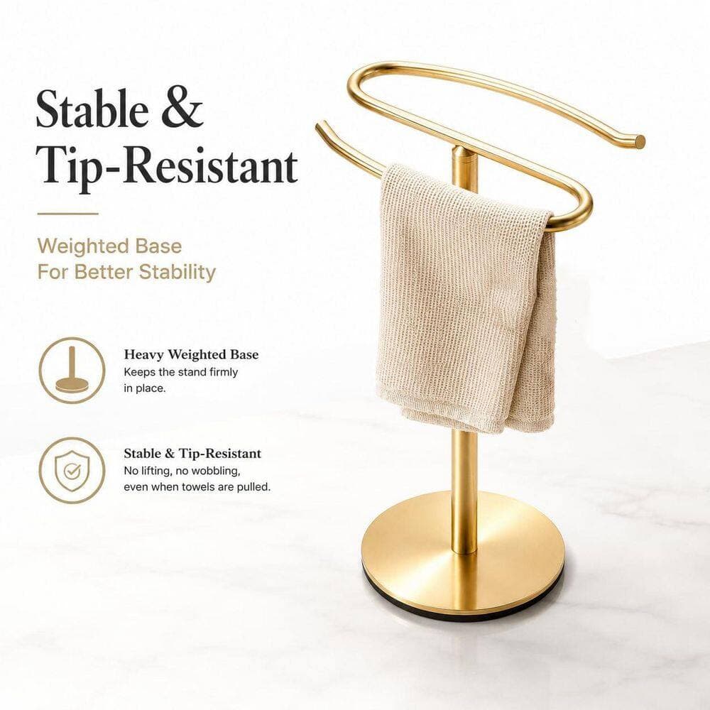 Wudkey Hand Towel Holder Stand in Brushed Gold, 13 Inch Free-Standing Towel Rack, Stainless Steel Towel Bar Rack Stand (3)
