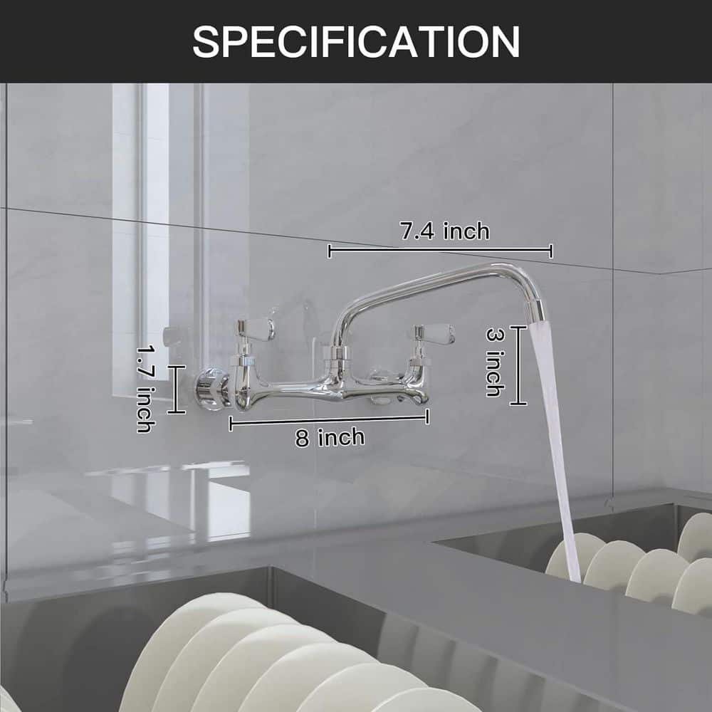 Numhew Wall Mount Kitchen Faucet in Chrome, 8 in. Swivel Spout Dual Handle Mixer Tap for Commercial and Laundry Sink (2)