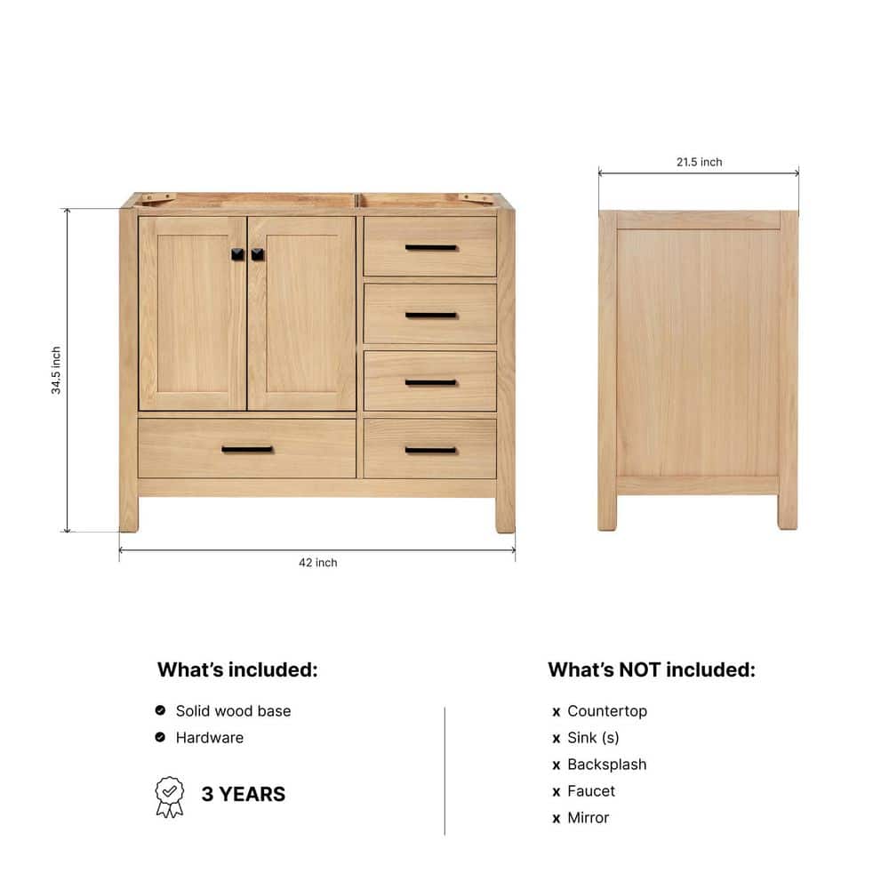 ARIEL Cambridge 42 in. Freestanding Bathroom Vanity Cabinet without Top in Oak (Assembled) (2)