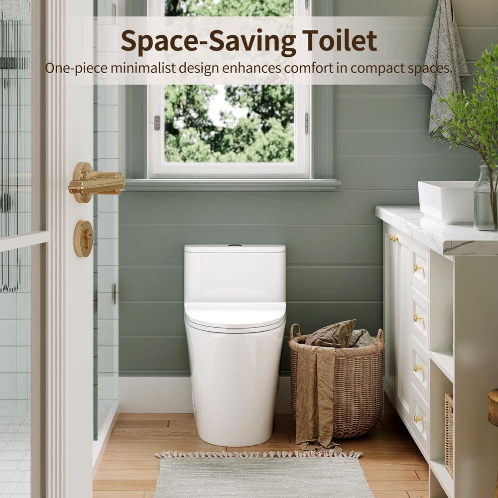DEERVALLEY Symmetry 12 in. Rough In Size 1-Piece 1.28 GPF Single Flush Elongated Toilet in White, Soft Closed Seat Included (2)