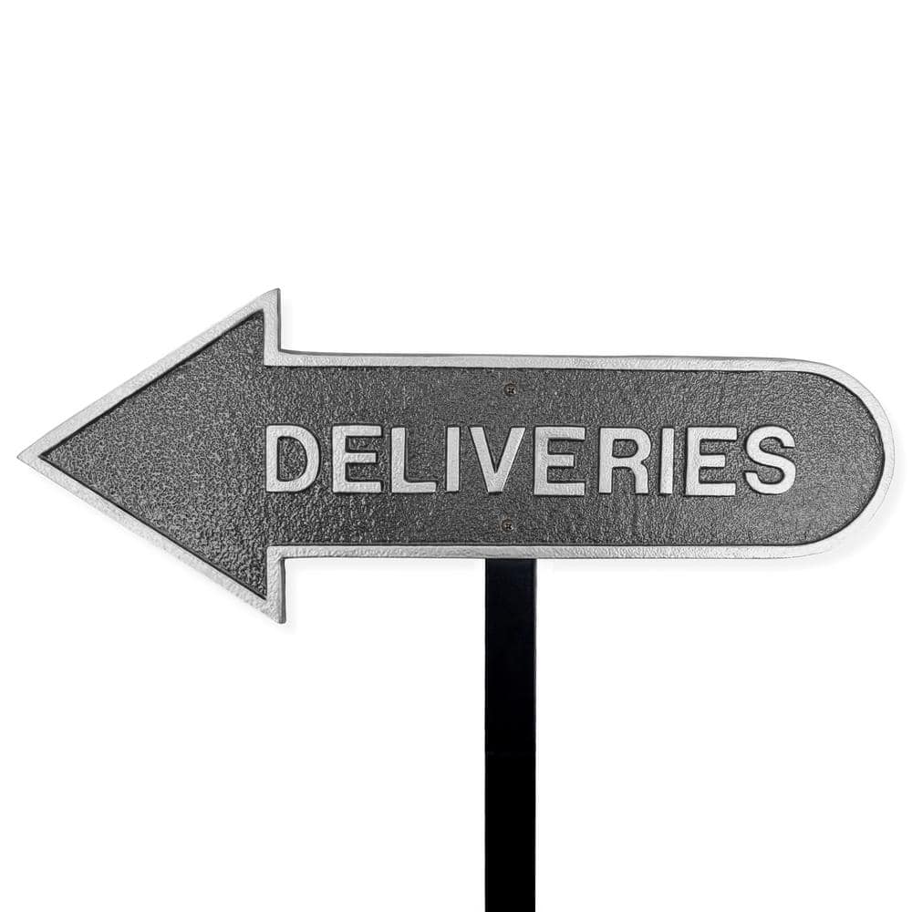 Montague Metal Products 6 in. x 15.5 in. Left Arrow Deliveries Statement Plaque Sign with Lawn Stake-Swedish Iron