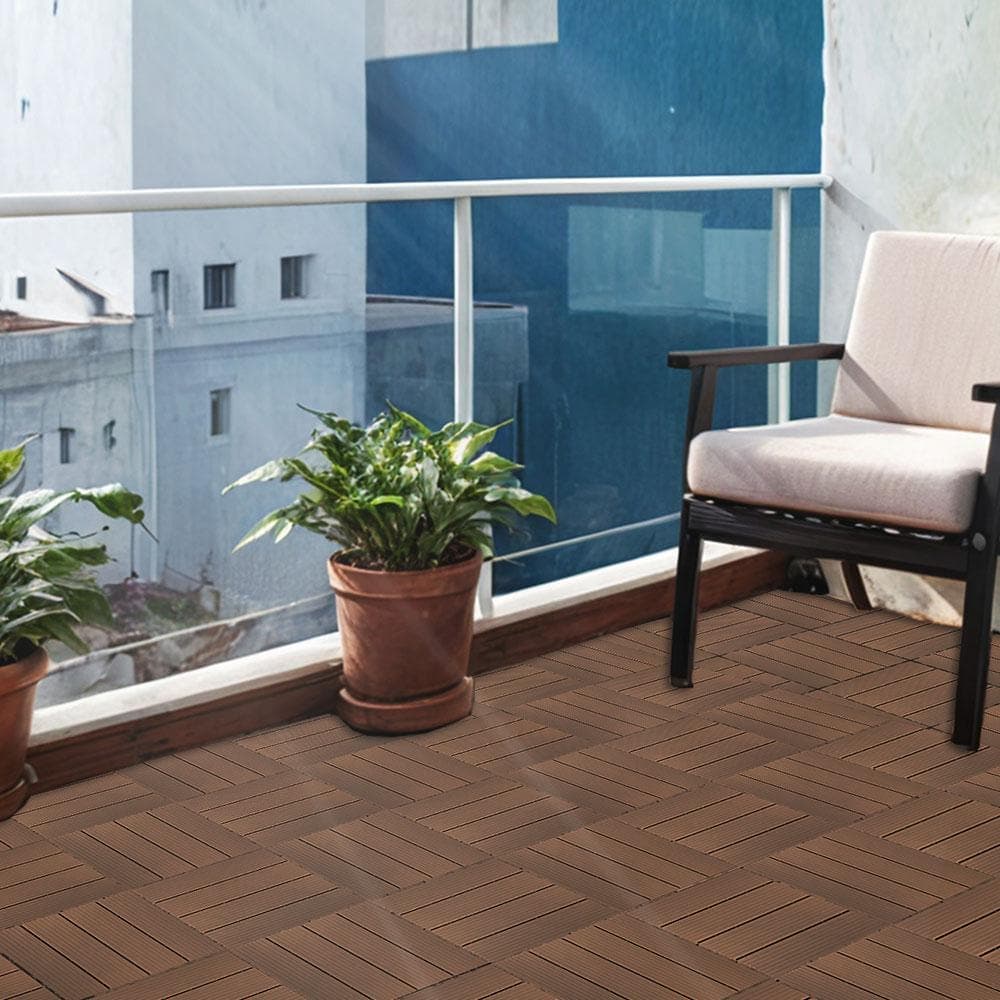 Afoxsos 1 ft. x 1 ft. Plastic Composite Deck Tile Set, All-Weather Easy to DIY and Maintain, Light Coffee (35-Pack) (2)