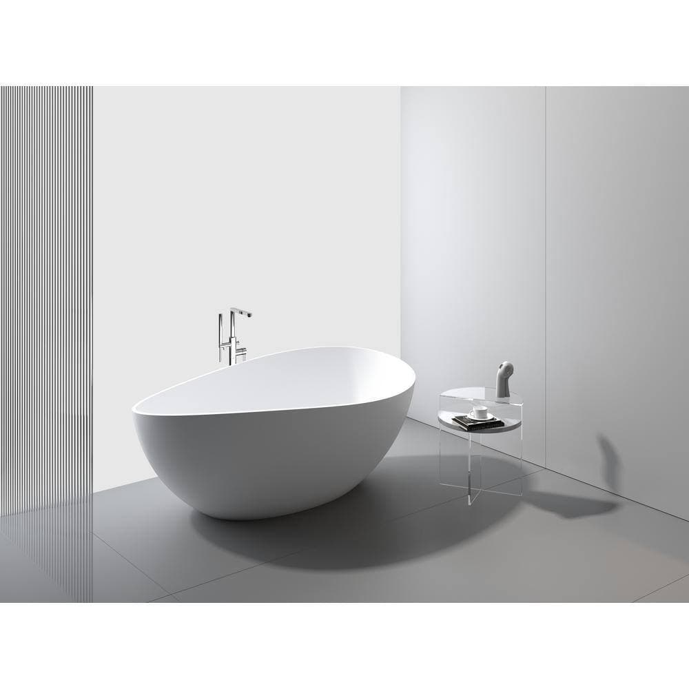 HOMLUX 63 in. x 37.4 in. Cast Stone Freestanding Soaking Bathtub with Overflow and Drain in Matte White (2)