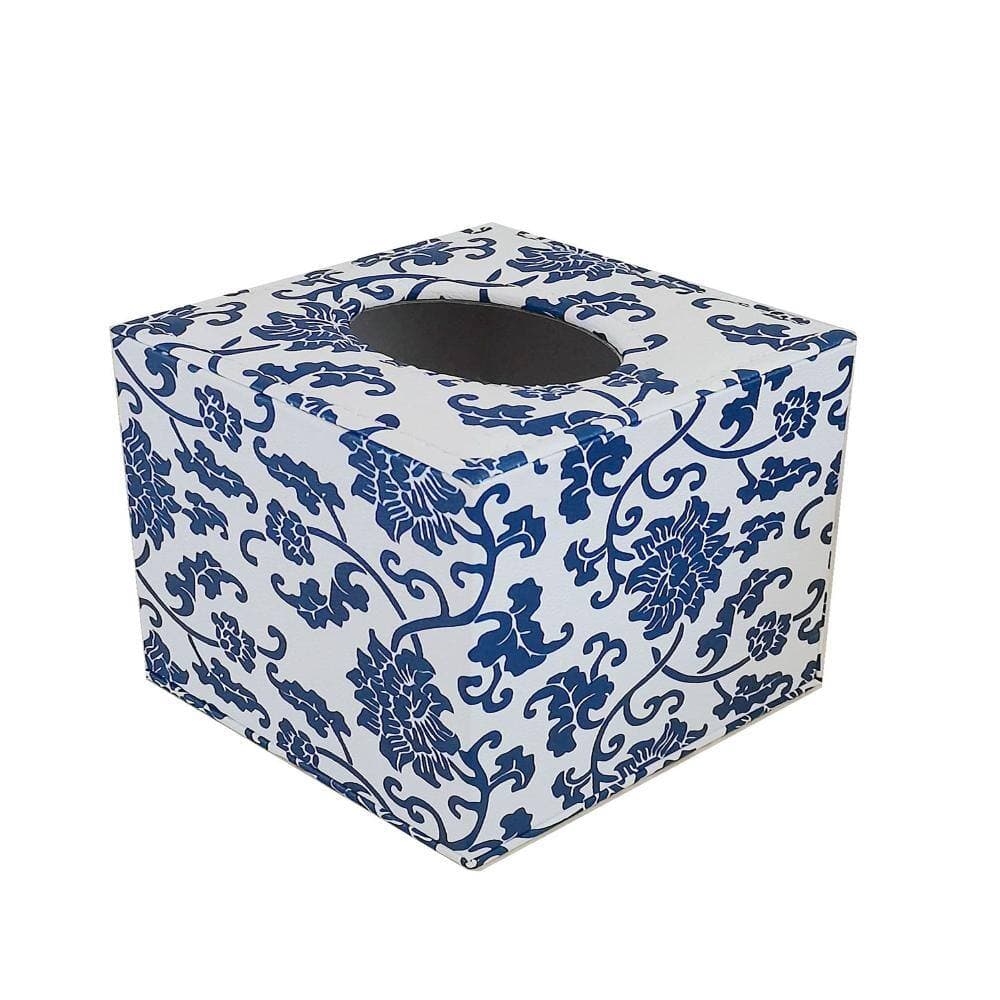 Unbranded Flower Pattern Faux Leather Tissue Box Cover, Square Blue White Porcelain, 5.32L x 5.32W x 5.51H tall (2)
