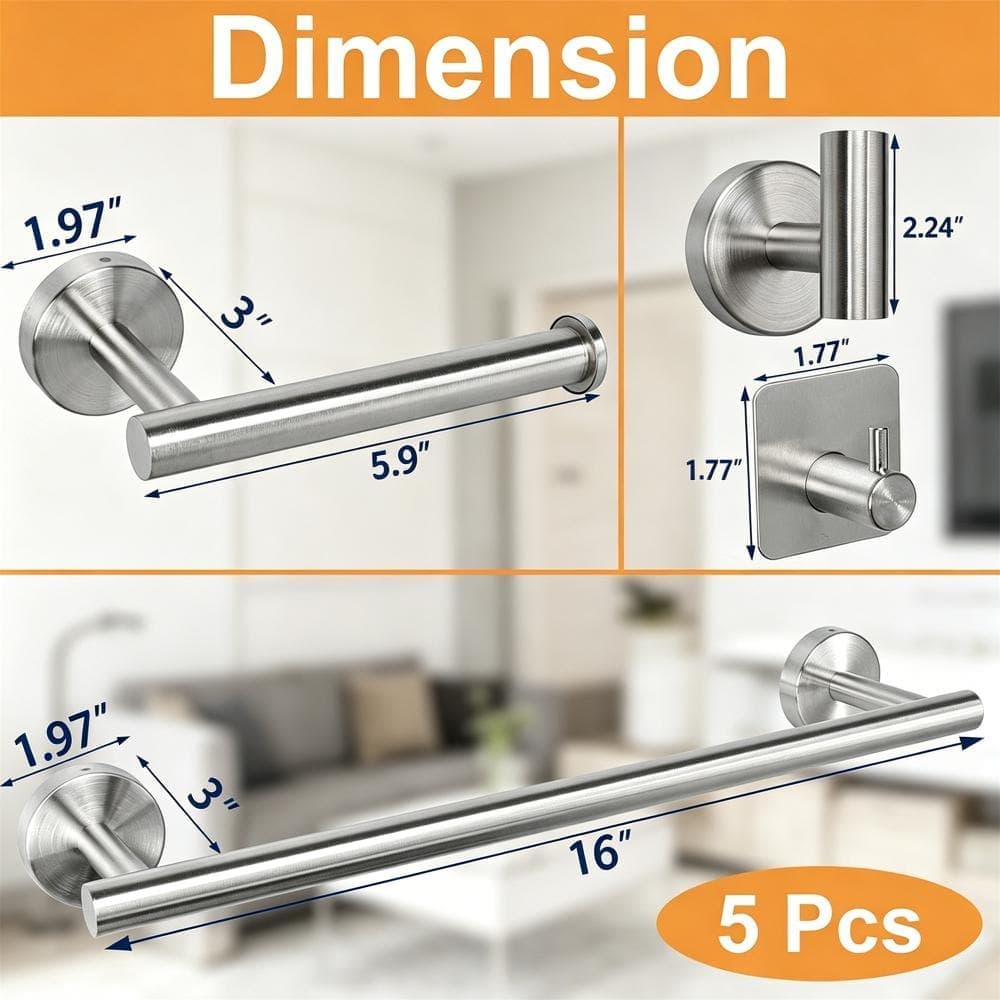 Whatseaso 5-Piece Bathroom Hardware Set with 16-inch Towel Bar, Holder and Hooks in Brushed Nickel (3)
