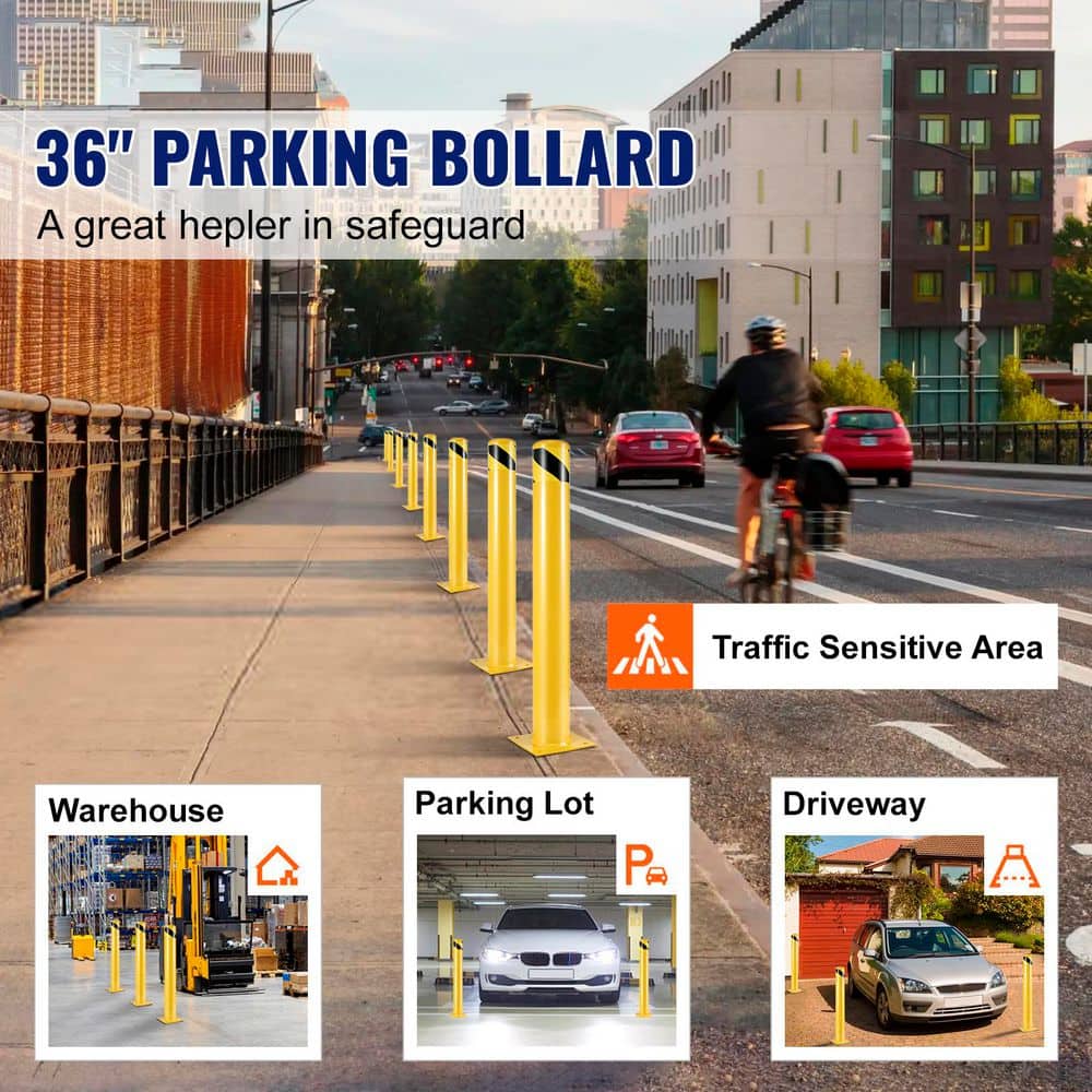 SKYSHALO Safety Bollard Post, Safety Barrier Bollard 36 in. H x 4.5 in. D Yellow Safety Barrier with 4 Free Anchor Bolts (2)