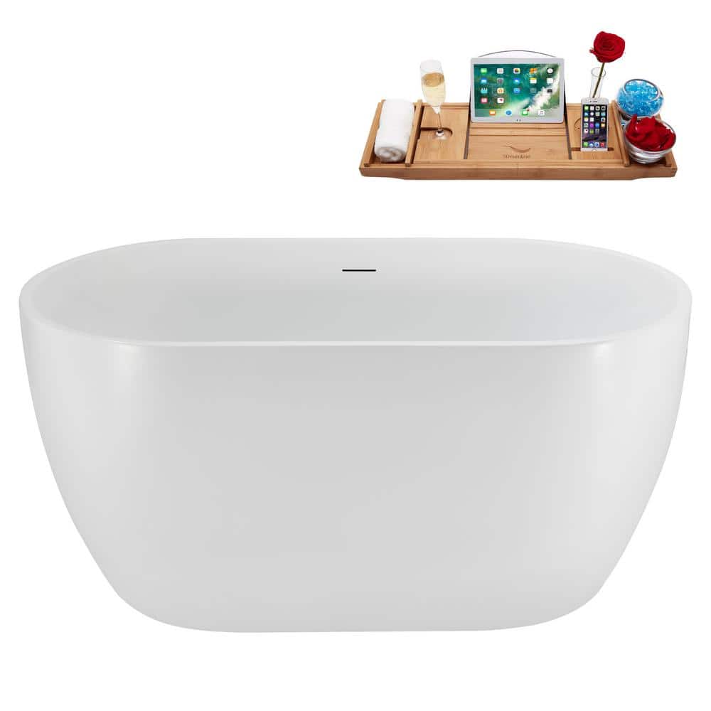 Streamline 48 in. x 26 in. Acrylic Freestanding Soaking Bathtub in Glossy White with Polished Chrome Drain, Bamboo Tray (2)