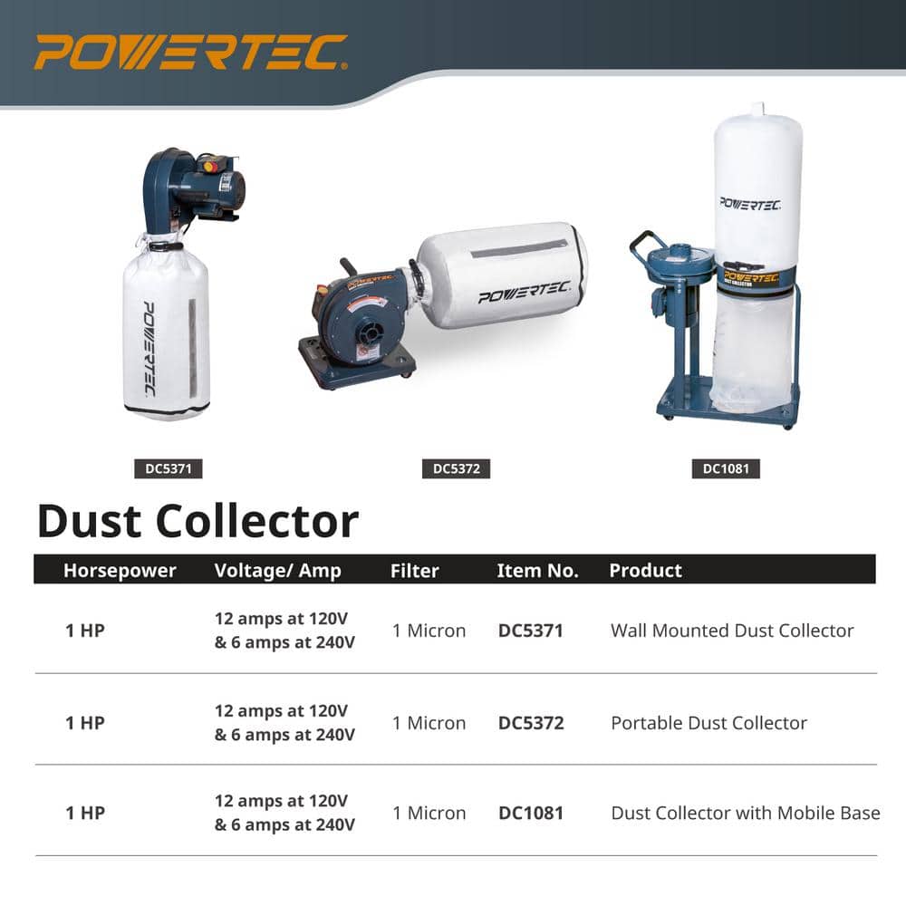 ‎POWERTEC 12 Amp 1 HP 560 CFM Wall Mounted Dust Collector, 1-Micron, 120-Volt/240-Volt (2)