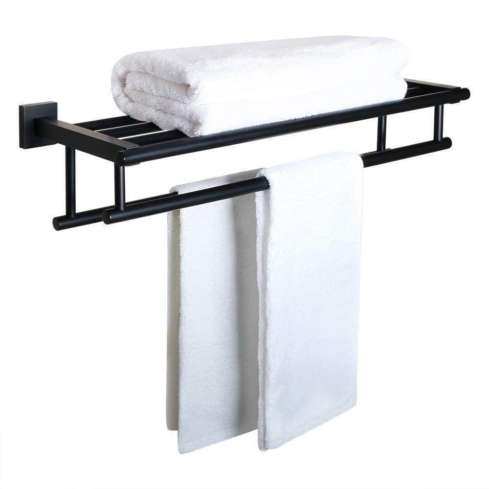 Dracelo 24 in. Wall-Mounted Lavatory 304 Stainless Steel Towel Rack with 2 Towel Bars in Matte Black Finish