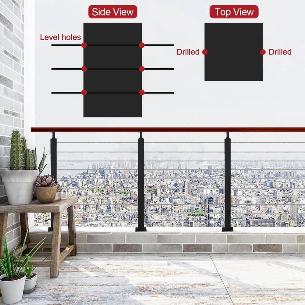 Afoxsos 36 x 2 x 2 Black Stair Railing Kit with Cable Grommets, Adjustable Top Line Post for Cable Handrail Metal (2)