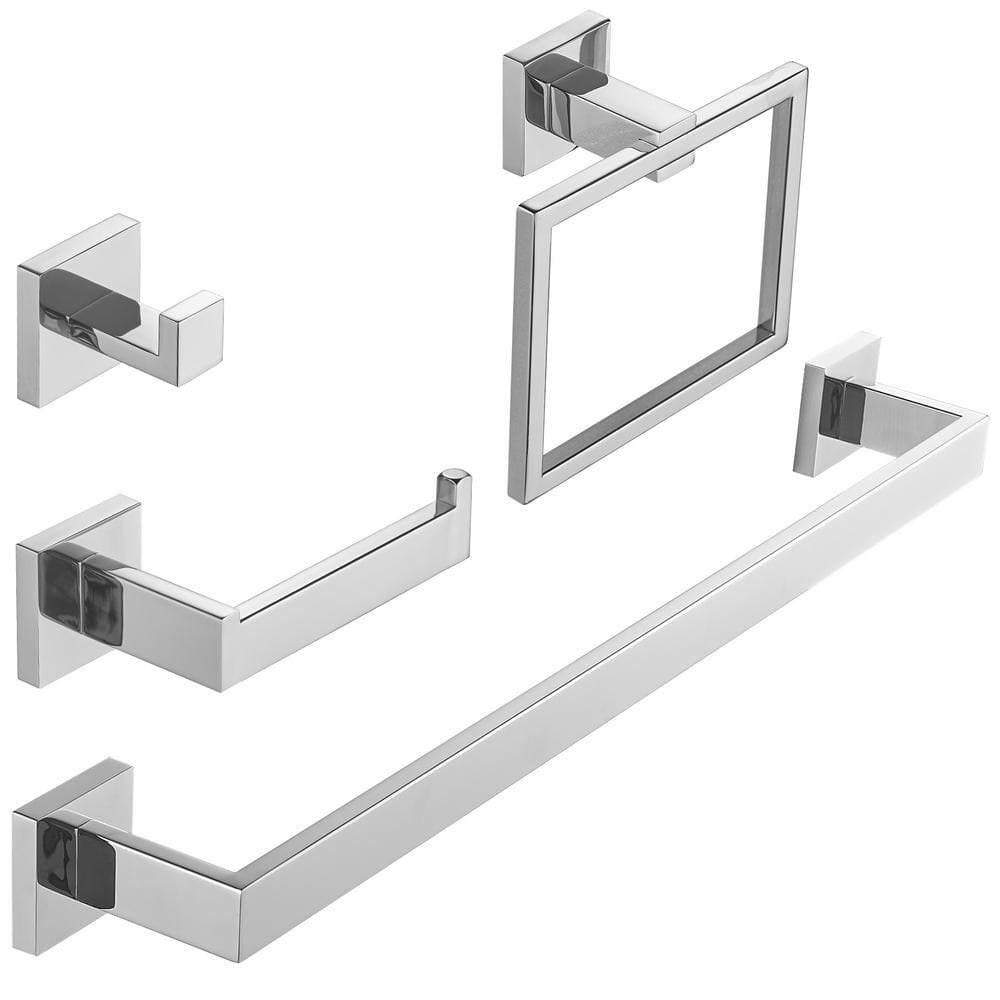 HOMEMYSTIQUE 4-Piece Bathroom Hardware Set with Toilet Paper Holder, Towel Bar/Rack, Towel/Robe Hook, Towel Ring in Polished Chrome (1)