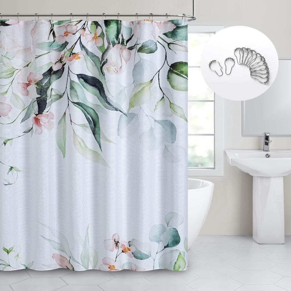 Dainty Home Florals 3D Textured Weave Shower Curtain with 12 Rollerball Hooks 70” x 72” Water-Resistant Polyester