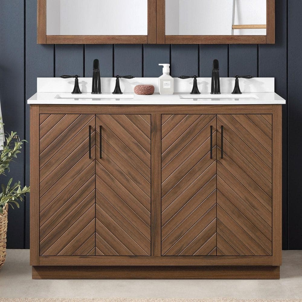 Glacier Bay Huckleberry 48 in. Double Sink Freestanding Spiced Walnut Bath Vanity with White Engineered Stone Top (Assembled)