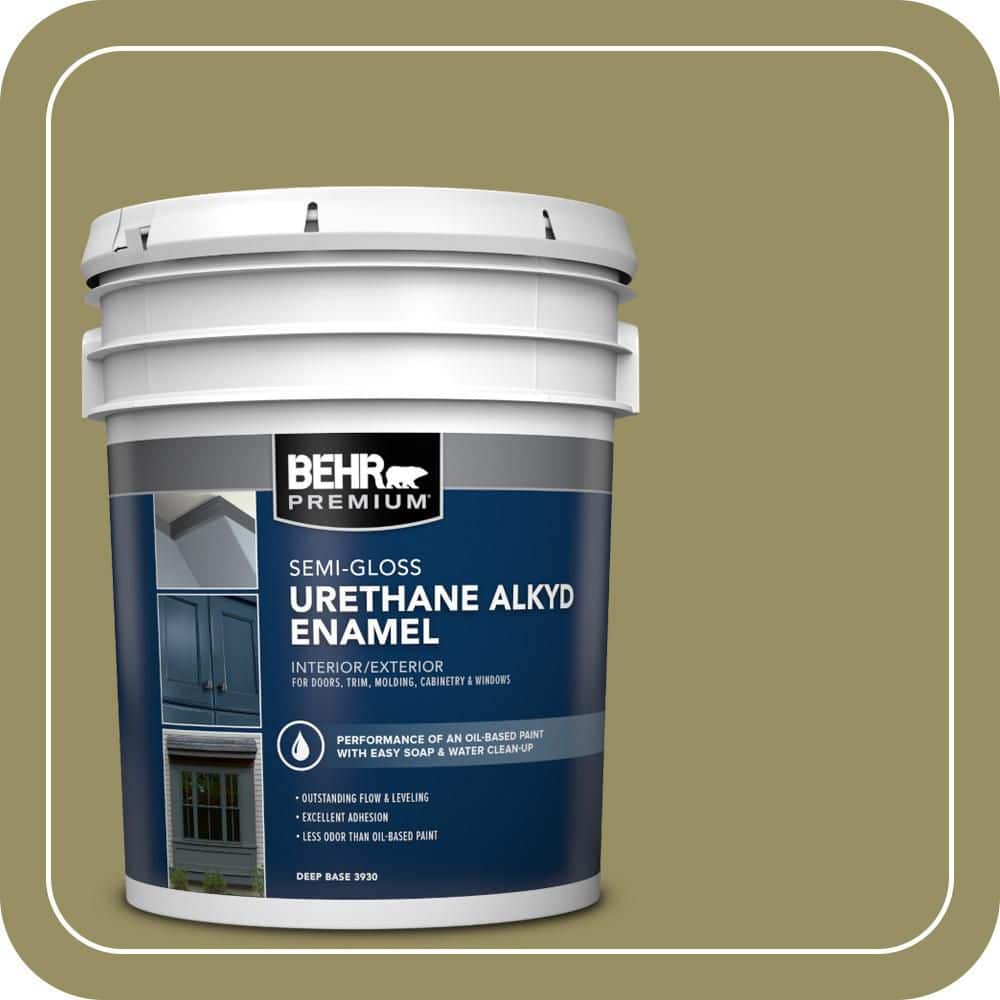 BEHR PREMIUM 5 gal. #390F-6 Tate Olive Urethane Alkyd Semi-Gloss Enamel Interior/Exterior Paint