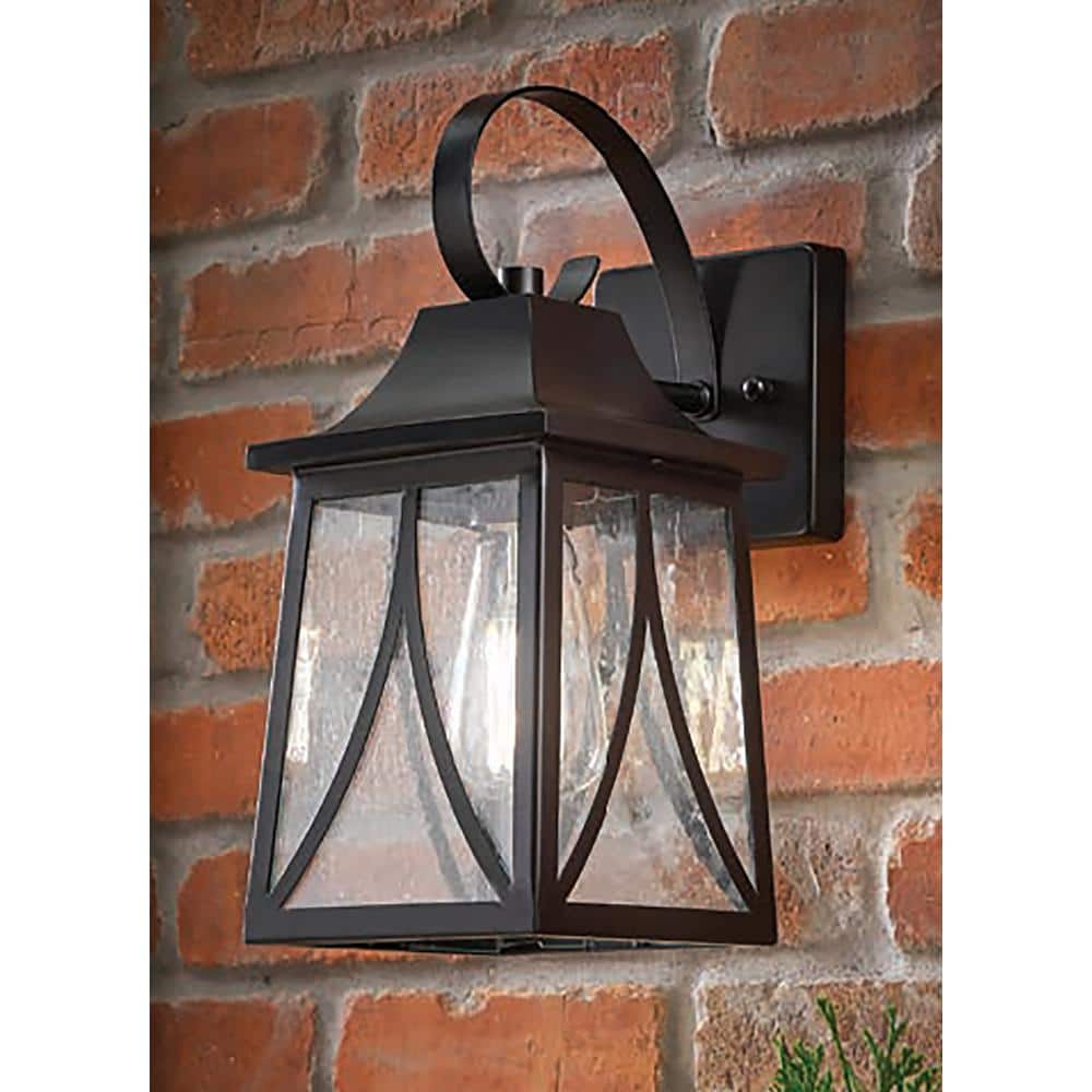 Hampton Bay Drackert 13 in. 1-Light Flat Black Hardwired Outdoor Wall Light Lantern Sconce with Seedy Glass, No Bulb Included (2)