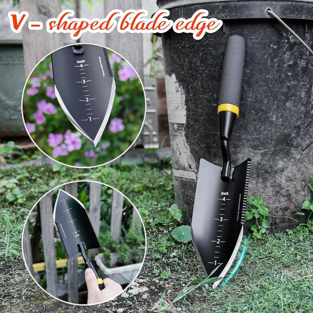 KIWDZFU 12.6 x 2.5 in. Serrated Stainless Steel Garden Trowel with Full Tang Metal Handle for Digging and Weed Control (3)