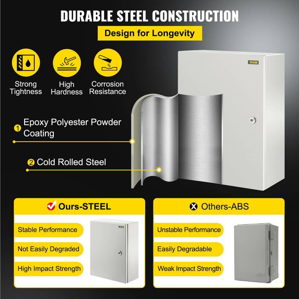 VEVOR Carbon Steel Electrical Box 16x12x6in. Hinged Cover IP66 Waterproof Dust Resistant Outdoor Use Includes Mounting Plate (3)