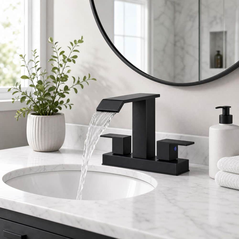 MTTCLE 4 in. Centerset Double Handle Waterfall Spout Bathroom Faucet with Drain Kit Included in Matte Black (2)