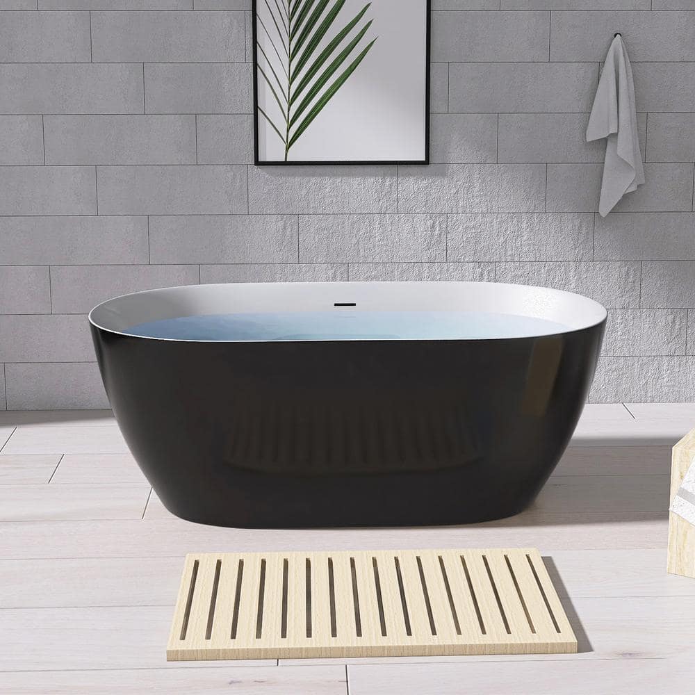 NTQ 59 in. x 30 in. Oval Free Standing Tub Freestanding Soaking Bathtub Central Drain Alone Soaker Tub Glossy Black (1)