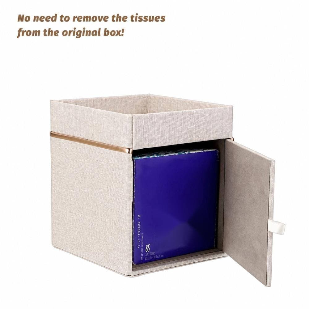 Unbranded Linen Square Tissue Box Cover with Integrated Bottom Tray for Dresser Vanity and Bathroom Decor Beige (3)