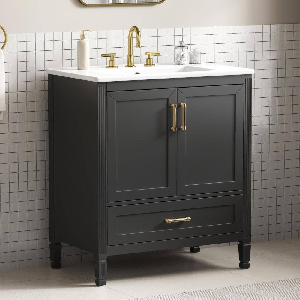 Unbranded Black 30in Bathroom Vanity with Ceramic Sink Top Soft-Close Double Doors  Bottom Drawer for Bathroom (3)