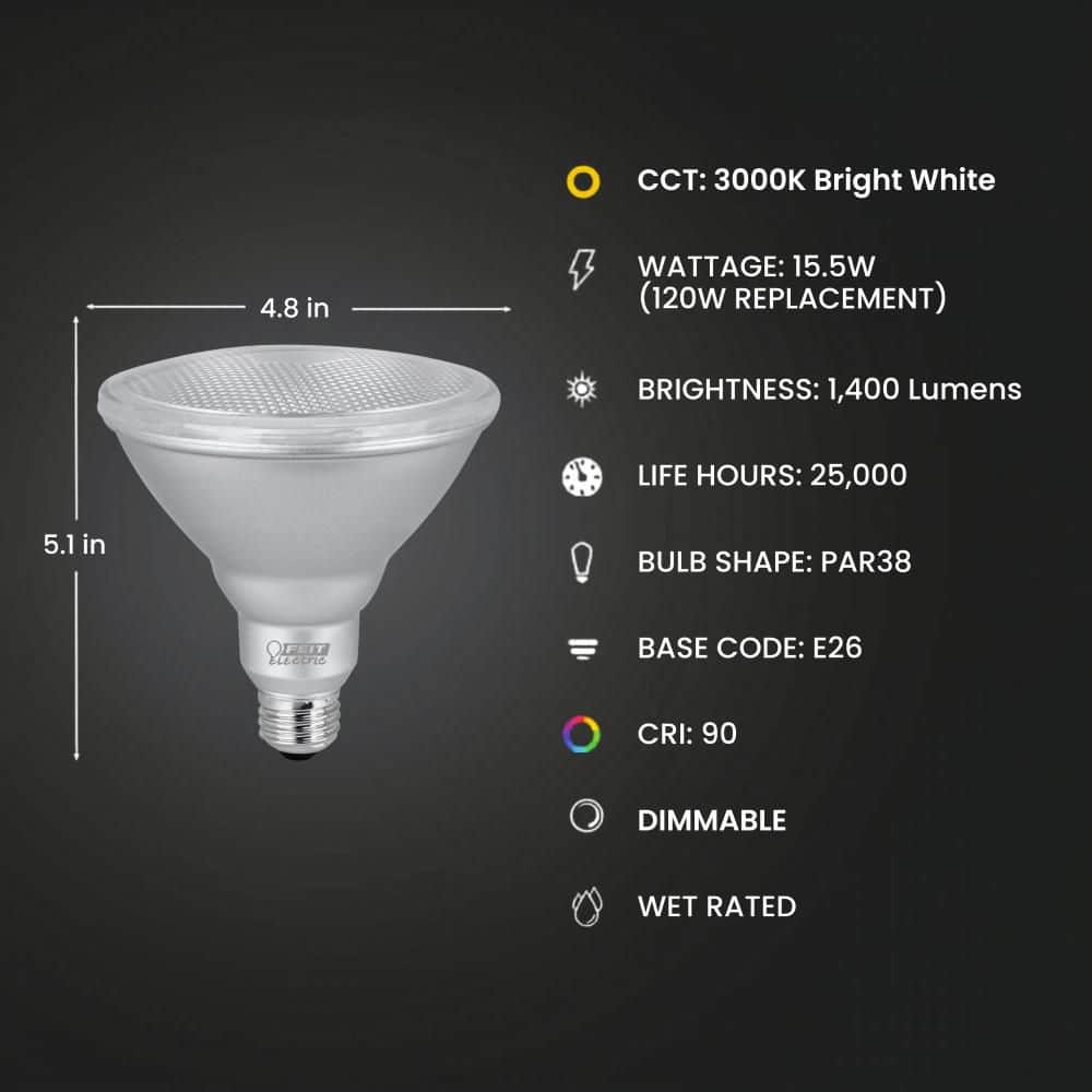 Feit Electric 120-Watt Equivalent PAR38 Outdoor Dimmable CEC Title 24 90 CRI E26 Flood LED Light Bulb, Bright White 3000K (3)