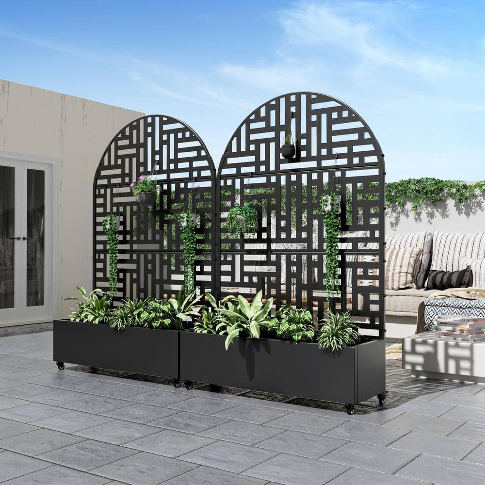 Lirago 72 in. x 47 in. Arched-Top Black Outdoor Metal Privacy Screen Raised Planter Box Wall Decor (2)