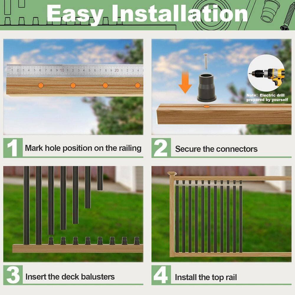 KIWDZFU 32 in. H x 0.75 in. W Black Metal Round Deck Balusters Hollow Design, Weather-Resistant, Stair Railing Kit (100-Pack) (3)
