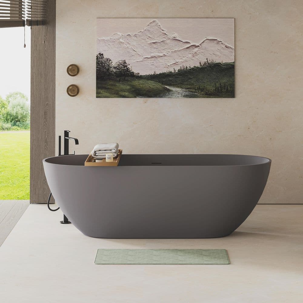 Boosicavelly 63 in. x 30 in. Stone Resin Solid Surface Freestanding Soaking Bathtub in Matte Gray (1)